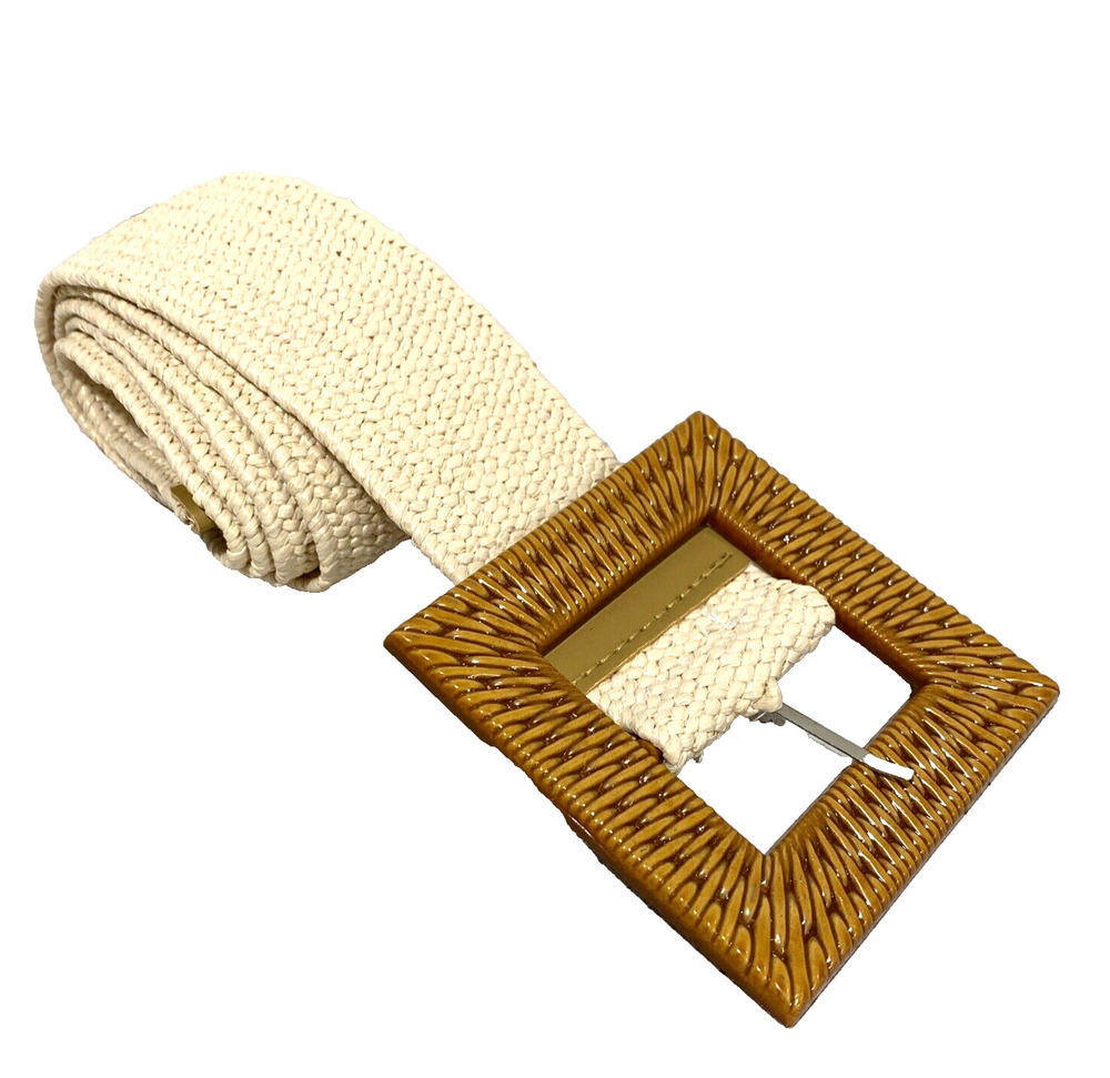 Natural Straw Color Stretch Belt With Faux Wood Wicker Buckle One Size Fits Most
